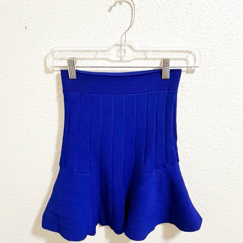 Sandro Paris Izzy Pleated Bandage Knit Flare Mini Skirt Blue US Size 4 - Picture 3 of 7
